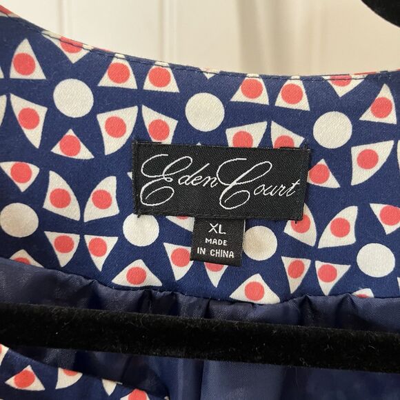 Eden Court Navy Cream Coral Geometric Preppy 3/4 Bell Sleeve Button Jacket XL - Picture 6 of 13